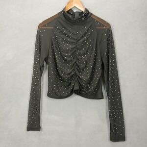 Riley & James Sparkly Top Women 2X Black Mesh Rhinestone Ruched Details Back Zip